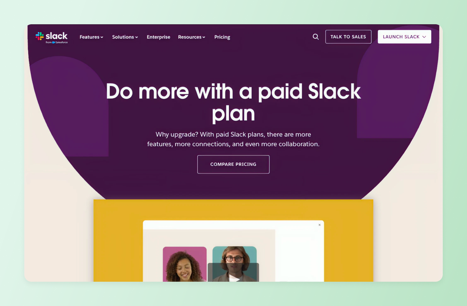 Slack pricing page hero section with purple background promoting paid plans and upgrade benefits with compare pricing button