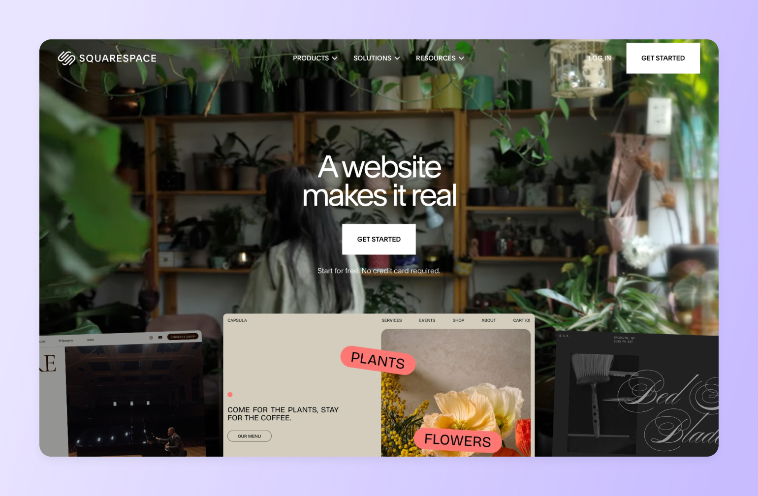 Squarespace homepage featuring plant shop with wooden shelving, greenery, and text "A website makes it real" overlaid on botanical retail setting