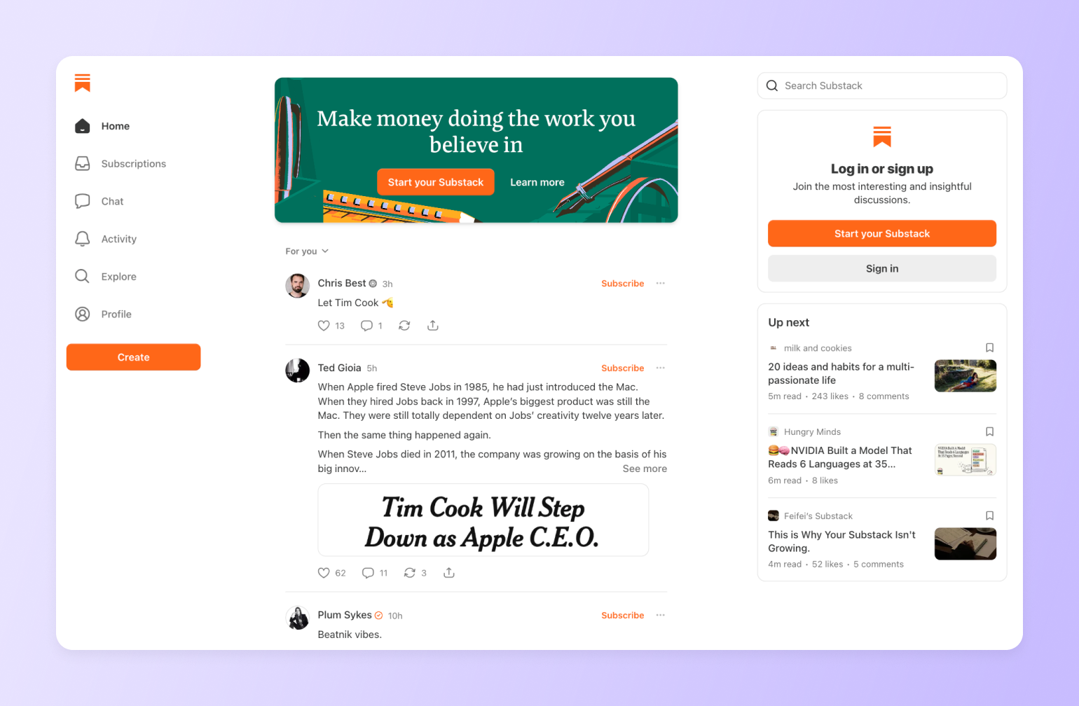 Substack home feed showing posts, including headline "Tim Cook Will Step Down as Apple C.E.O." with navigation sidebar and sign-up prompt