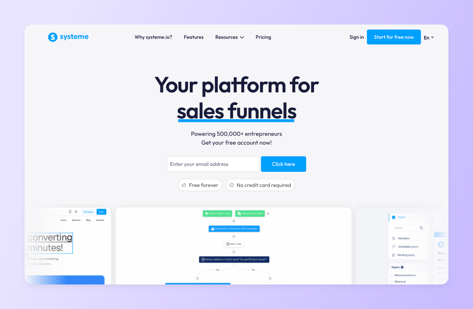 Sales funnel platform homepage with headline, email signup form, and preview screenshots of funnel builder interface