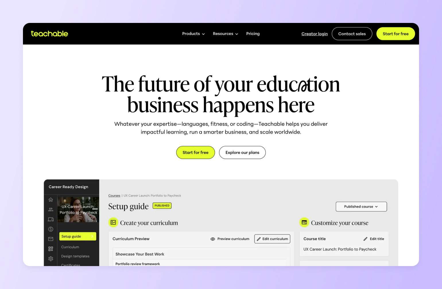 Teachable platform homepage featuring headline "The future of your education business happens here" and course creation dashboard preview