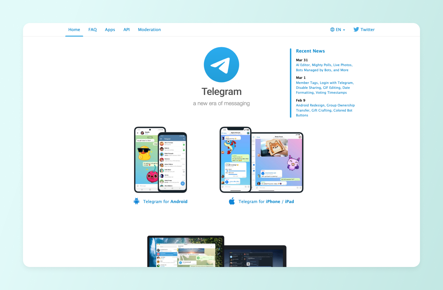 Telegram homepage showing blue paper plane logo, tagline "a new era of messaging," with mobile app screenshots for Android and iPhone/iPad devices below, and recent news sidebar on right