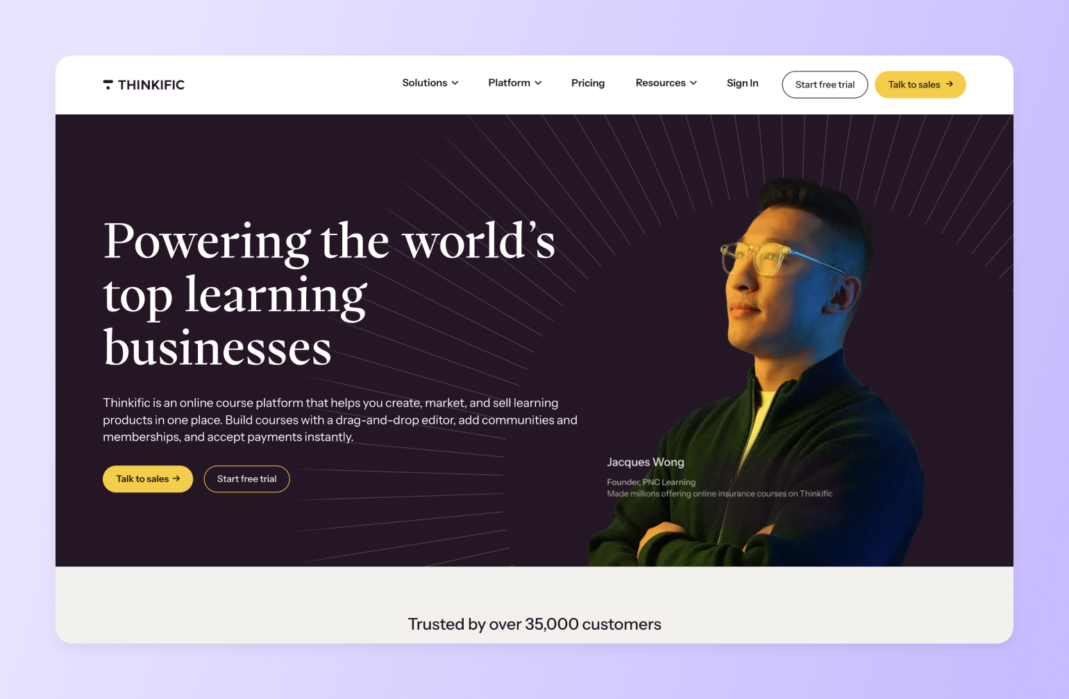 Thinkific online course platform homepage featuring Jacques Wong, Founder of PNC Learning, wearing yellow glasses against dark background with radiating lines