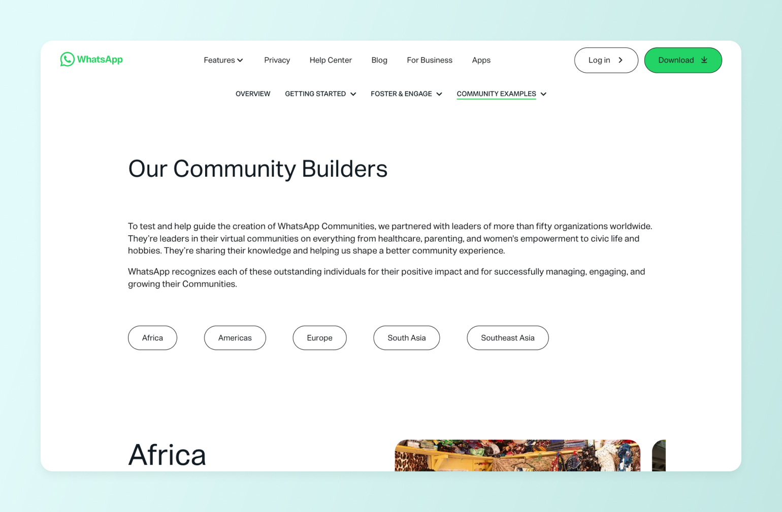 WhatsApp Community Builders page featuring navigation menu and regional filter buttons for Africa, Americas, Europe, South Asia, and Southeast Asia