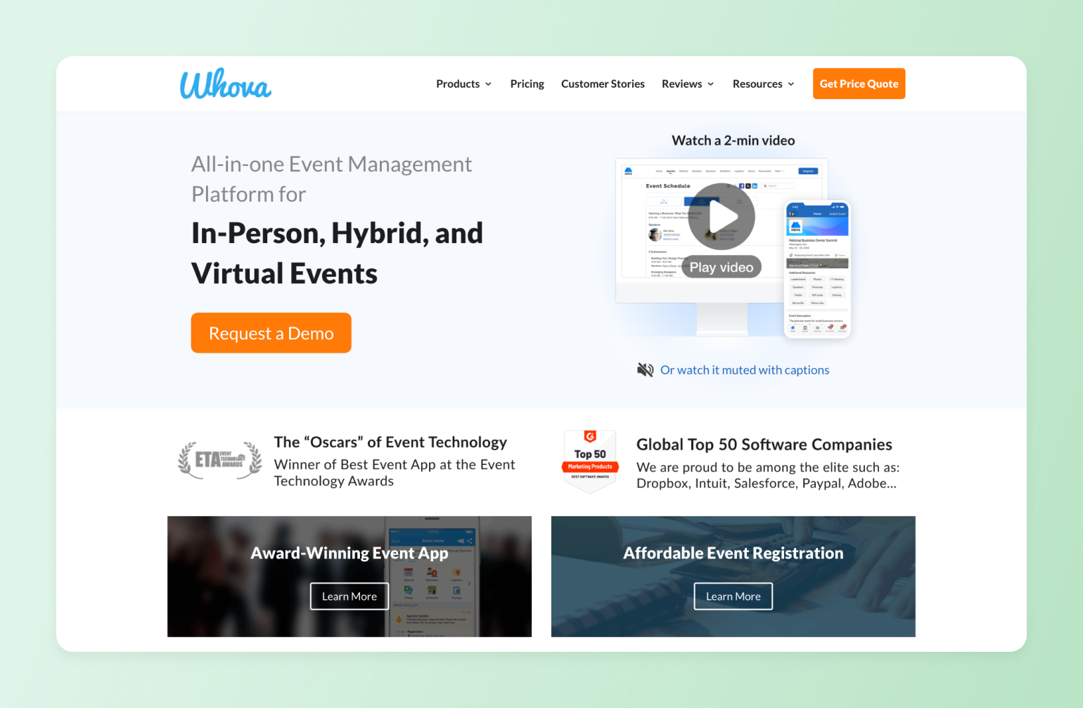 Whova event management platform homepage featuring in-person, hybrid, and virtual events with demo video and award badges