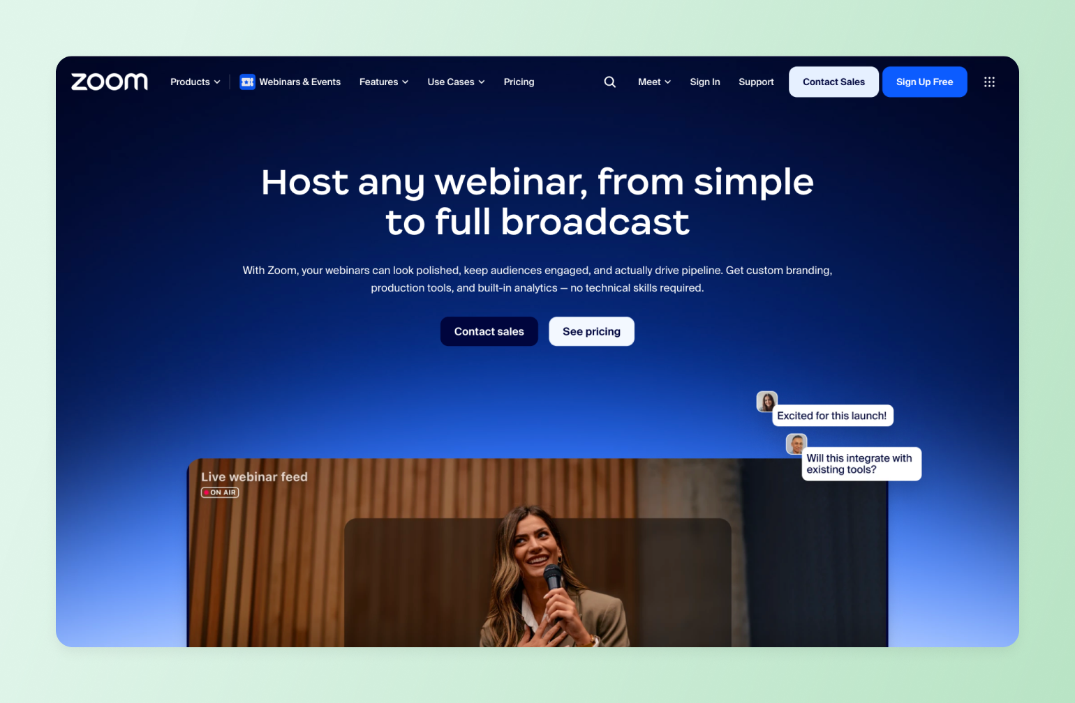 Zoom webinar platform homepage showing speaker with microphone presenting to live audience with chat messages and On Air indicator